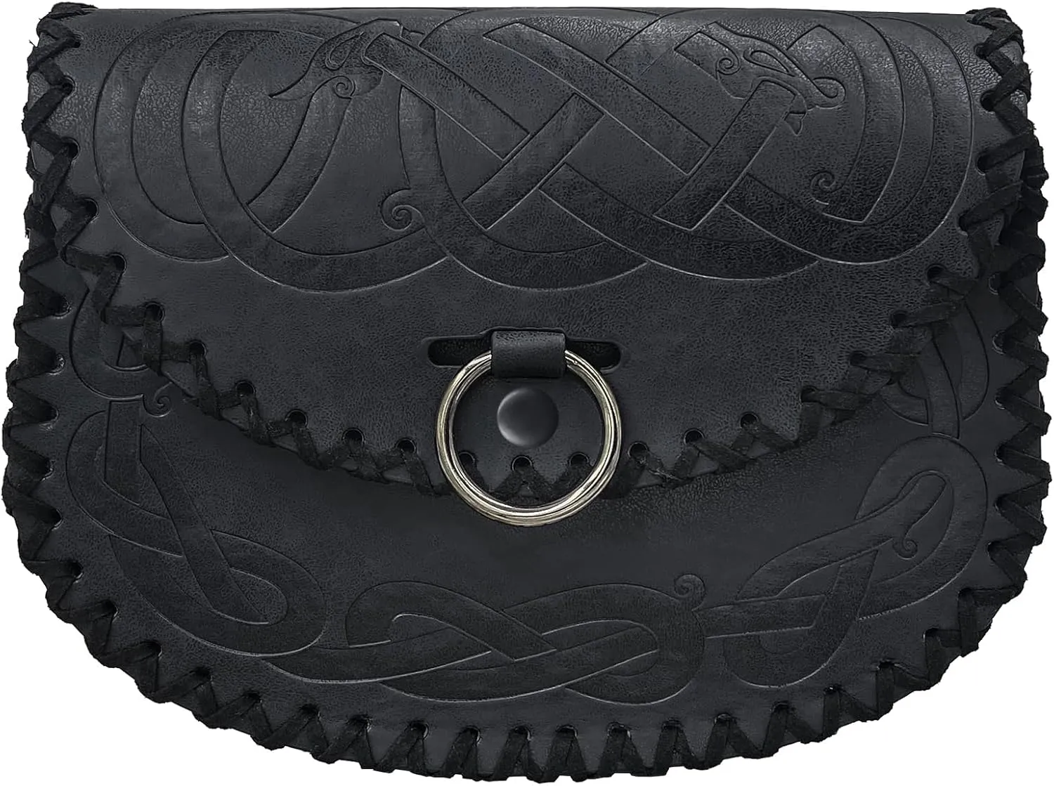 HiiFeuer Viking Embossed Belt Bag, Vintage Medieval Faux Leather Side Pack, Middle Ages Portable Belt Pouch For LARP Ren Faire (Black A)