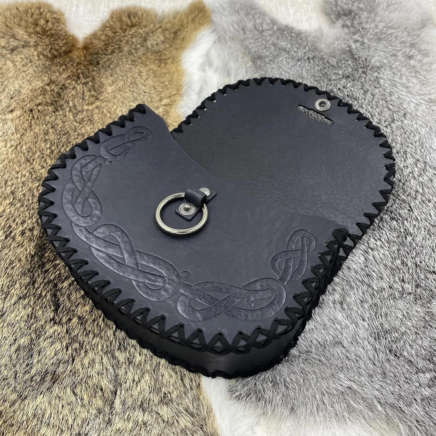 HiiFeuer Viking Embossed Belt Bag, Vintage Medieval Faux Leather Side Pack, Middle Ages Portable Belt Pouch For LARP Ren Faire (Black A)