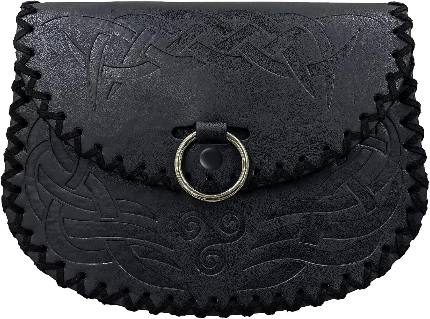 HiiFeuer Viking Embossed Belt Bag, Vintage Medieval Faux Leather Side Pack, Middle Ages Portable Belt Pouch For LARP Ren Faire (Black B)