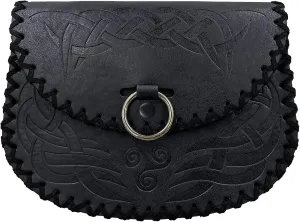 HiiFeuer Viking Embossed Belt Bag, Vintage Medieval Faux Leather Side Pack, Middle Ages Portable Belt Pouch For LARP Ren Faire (Black B)