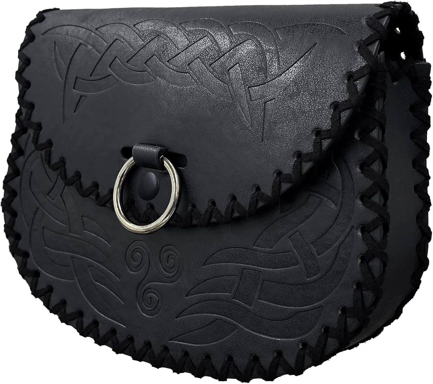 HiiFeuer Viking Embossed Belt Bag, Vintage Medieval Faux Leather Side Pack, Middle Ages Portable Belt Pouch For LARP Ren Faire (Black B)