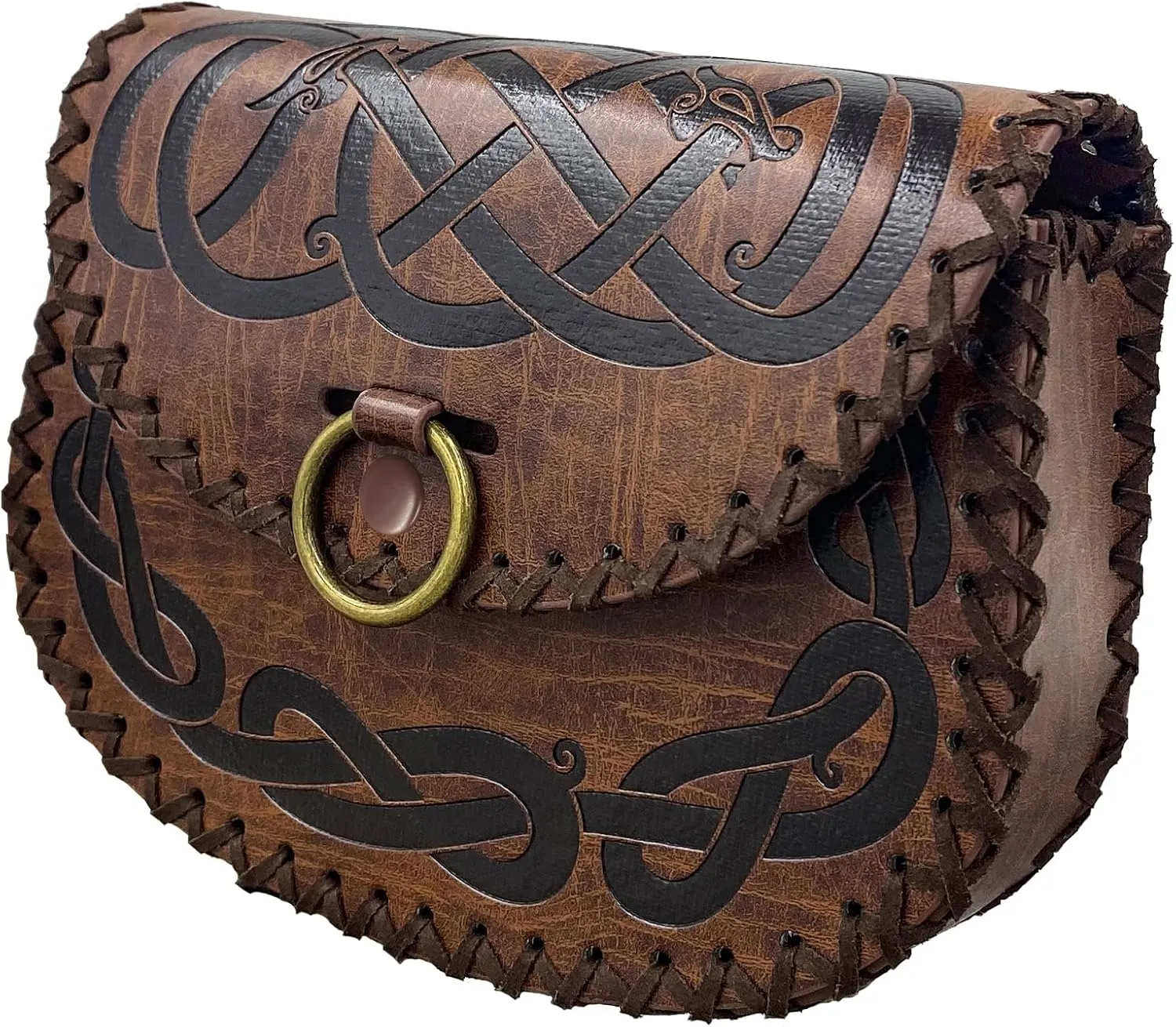 HiiFeuer Viking Embossed Belt Bag, Vintage Medieval Faux Leather Side Pack, Middle Ages Portable Belt Pouch For LARP Ren Faire (Brown A)