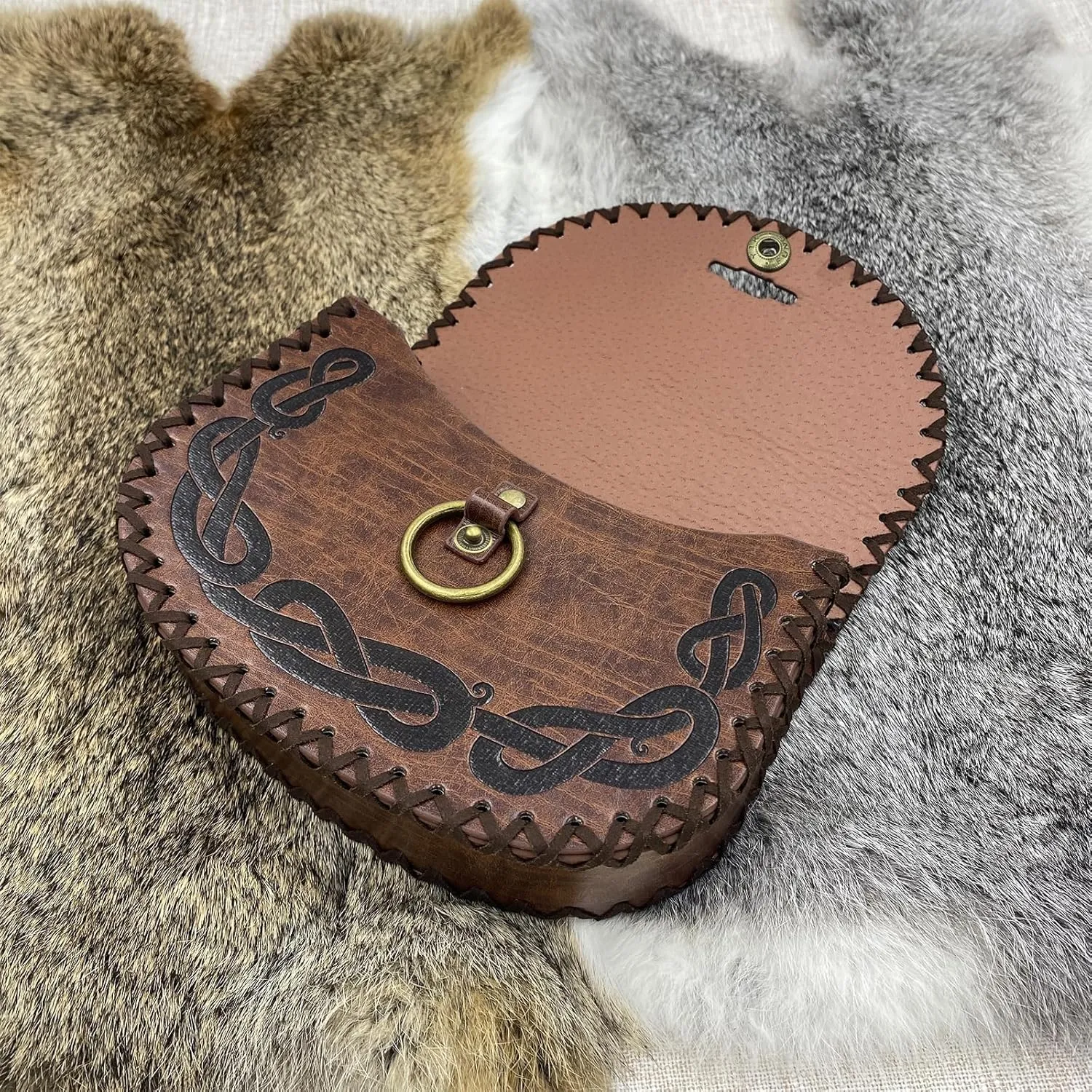 HiiFeuer Viking Embossed Belt Bag, Vintage Medieval Faux Leather Side Pack, Middle Ages Portable Belt Pouch For LARP Ren Faire (Brown A)