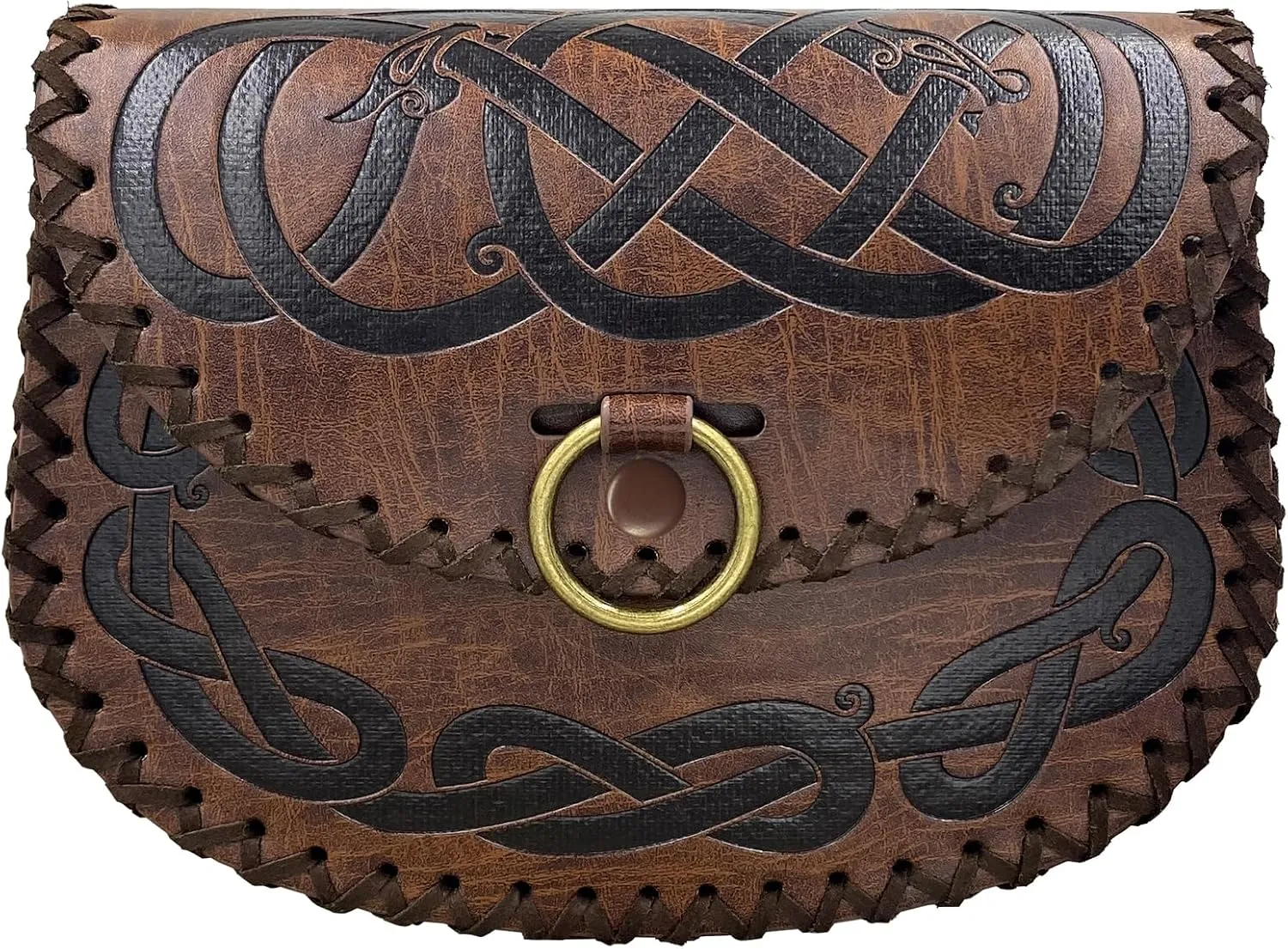 HiiFeuer Viking Embossed Belt Bag, Vintage Medieval Faux Leather Side Pack, Middle Ages Portable Belt Pouch For LARP Ren Faire (Brown A)