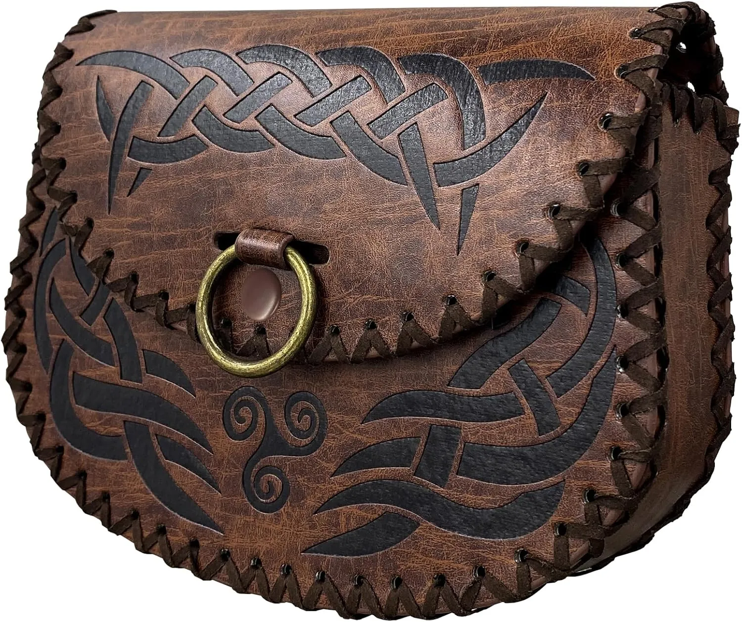 HiiFeuer Viking Embossed Belt Bag, Vintage Medieval Faux Leather Side Pack, Middle Ages Portable Belt Pouch For LARP Ren Faire (Brown B)