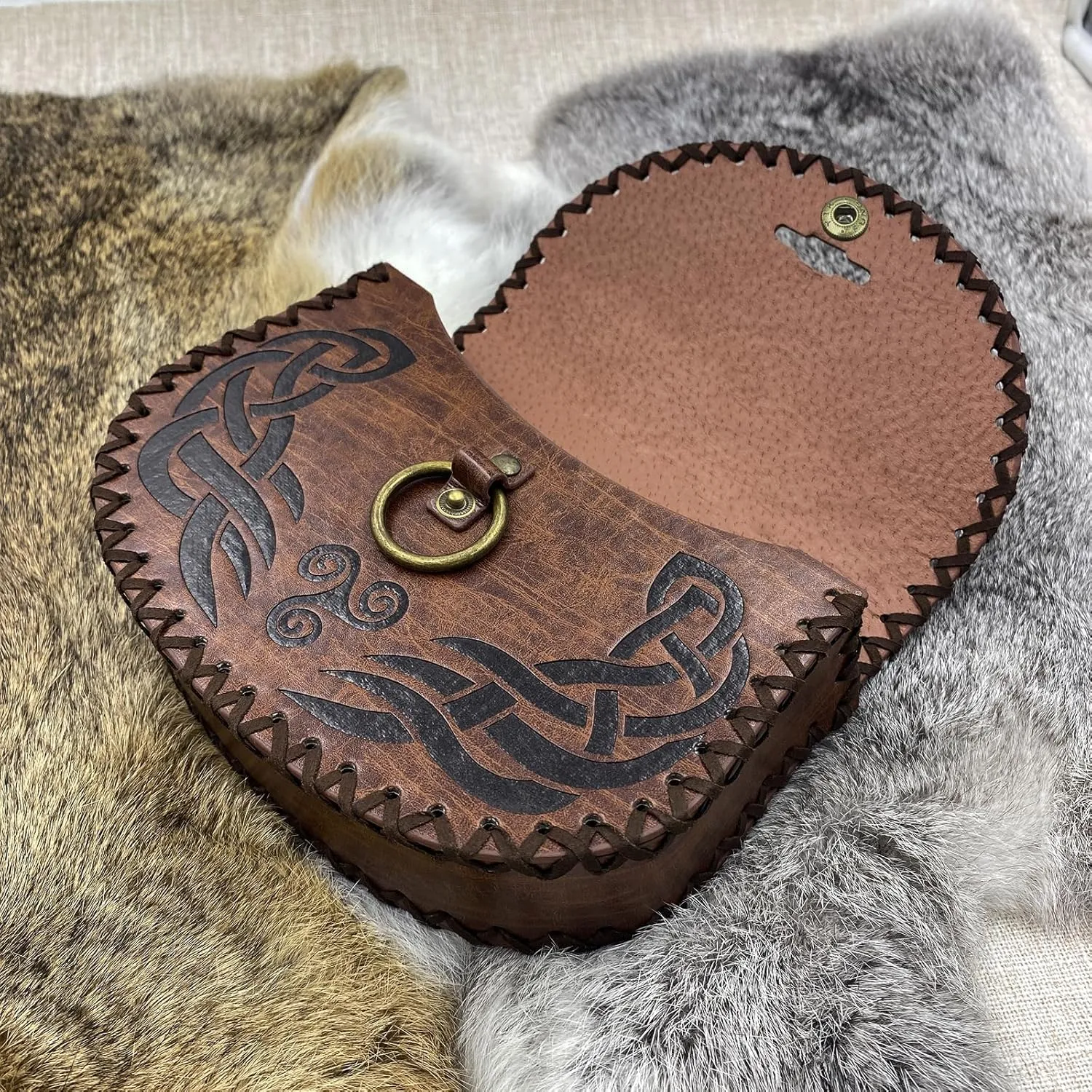 HiiFeuer Viking Embossed Belt Bag, Vintage Medieval Faux Leather Side Pack, Middle Ages Portable Belt Pouch For LARP Ren Faire (Brown B)