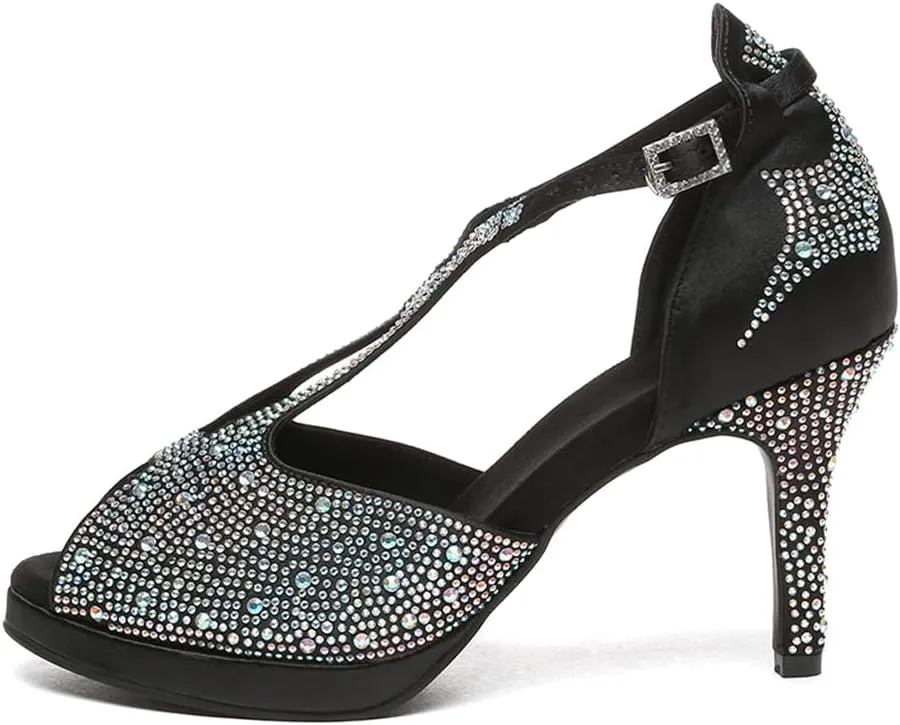 HIPPOSEUS Women Rhinestones Ballroom Dance Shoes Peep toe Salsa Practice Performance Dancing Shoes with Platform,Model YCD