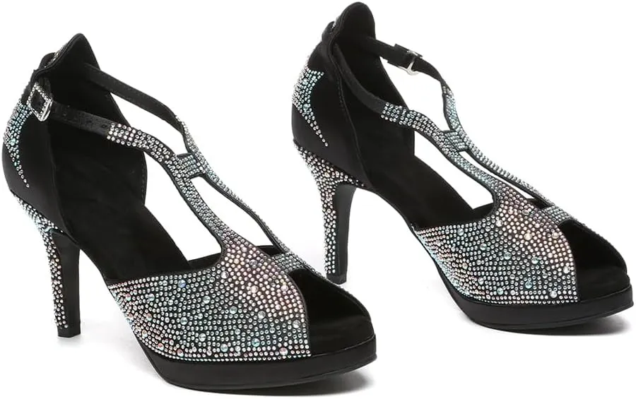 HIPPOSEUS Women Rhinestones Ballroom Dance Shoes Peep toe Salsa Practice Performance Dancing Shoes with Platform,Model YCD