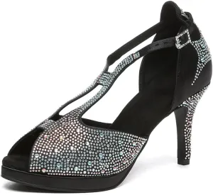HIPPOSEUS Women Rhinestones Ballroom Dance Shoes Peep toe Salsa Practice Performance Dancing Shoes with Platform,Model YCD