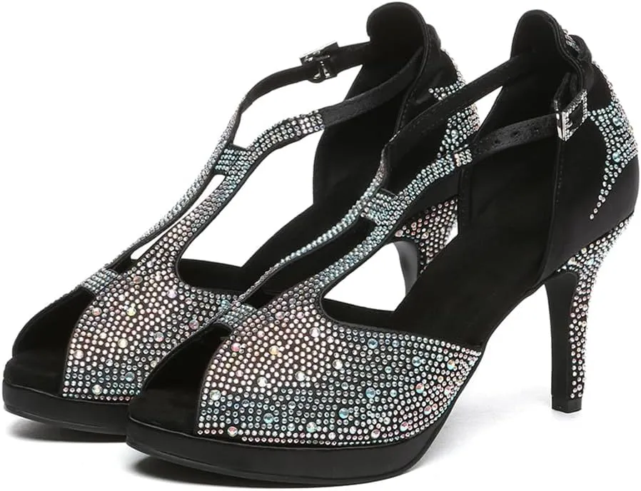 HIPPOSEUS Women Rhinestones Ballroom Dance Shoes Peep toe Salsa Practice Performance Dancing Shoes with Platform,Model YCD