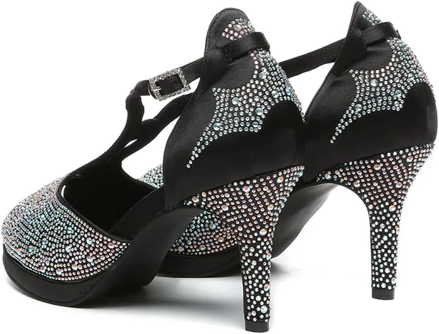HIPPOSEUS Women Rhinestones Ballroom Dance Shoes Peep toe Salsa Practice Performance Dancing Shoes with Platform,Model YCD