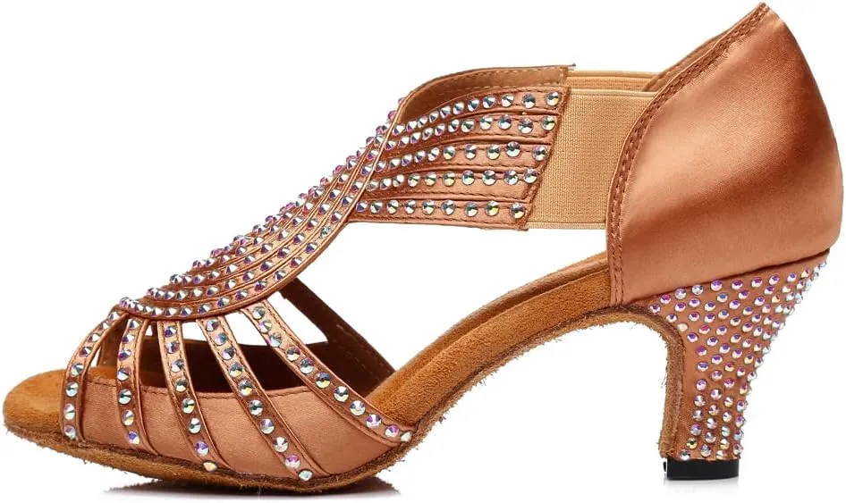 HIPPOSEUS Women's Rhinestones Latin Dance Shoes Slip on Ballroom Salsa Bachata Performance Practice Dancer Shoes,Model L396