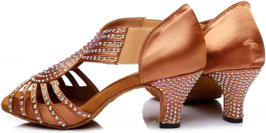 HIPPOSEUS Women's Rhinestones Latin Dance Shoes Slip on Ballroom Salsa Bachata Performance Practice Dancer Shoes,Model L396
