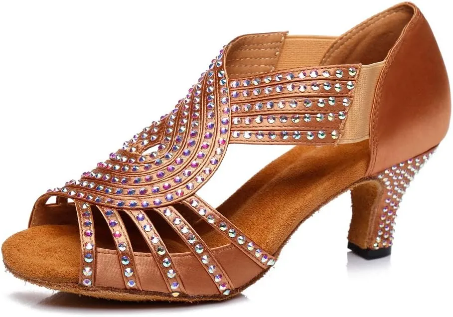 HIPPOSEUS Women's Rhinestones Latin Dance Shoes Slip on Ballroom Salsa Bachata Performance Practice Dancer Shoes,Model L396