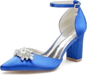 HNVAVQ Women's Satin Court Shoes Mid Heel Pointed Toe Bridal Pumps Ankle Strap Sparkly Rhinestone Elegant Dress Shoes for Wedding,Bride,Bridesmaid,Party