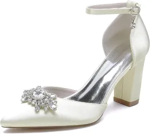 HNVAVQ Women's Satin Court Shoes Mid Heel Pointed Toe Bridal Pumps Ankle Strap Sparkly Rhinestone Elegant Dress Shoes for Wedding,Bride,Bridesmaid,Party