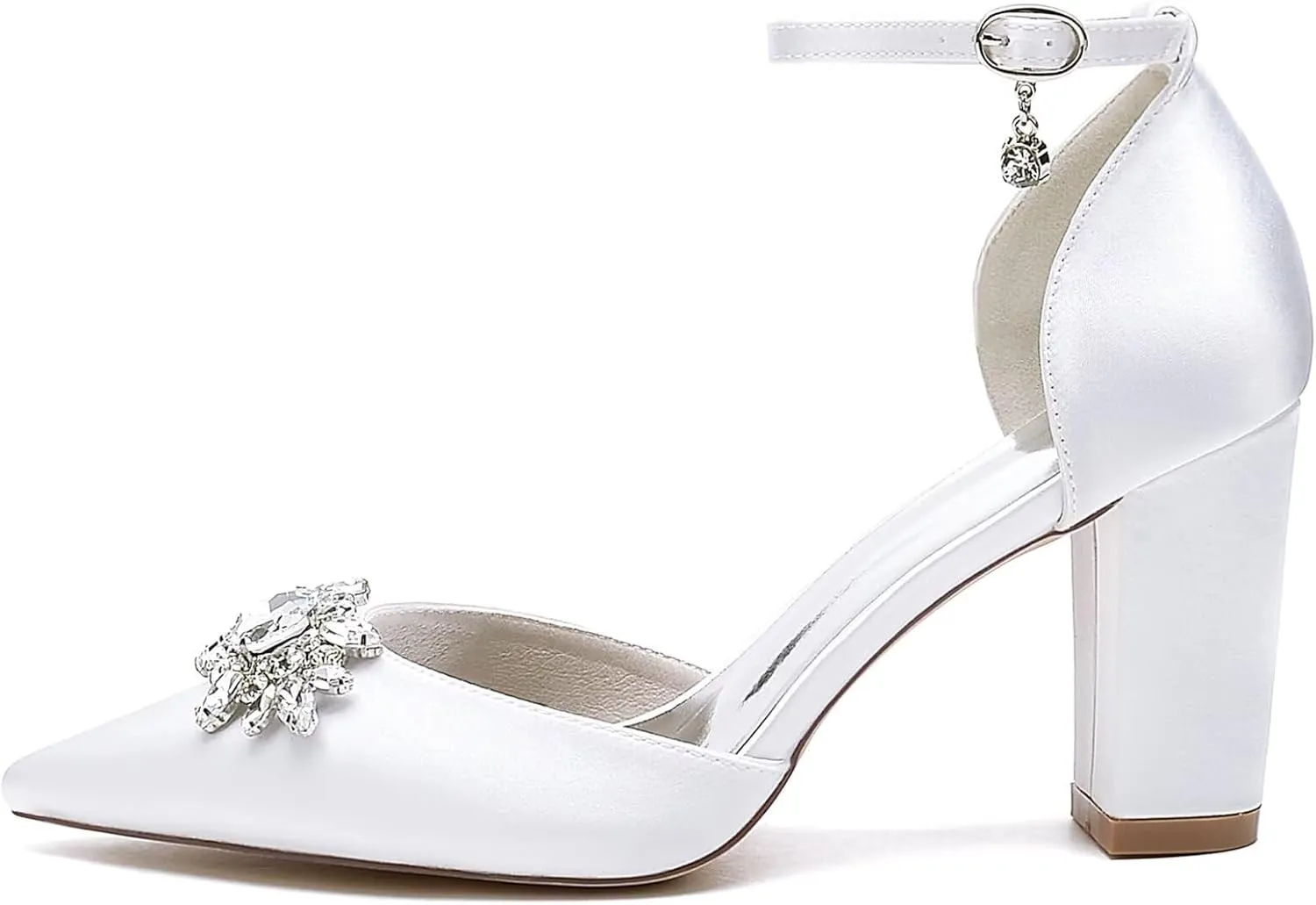 HNVAVQ Women's Satin Court Shoes Mid Heel Pointed Toe Bridal Pumps Ankle Strap Sparkly Rhinestone Elegant Dress Shoes for Wedding,Bride,Bridesmaid,Party