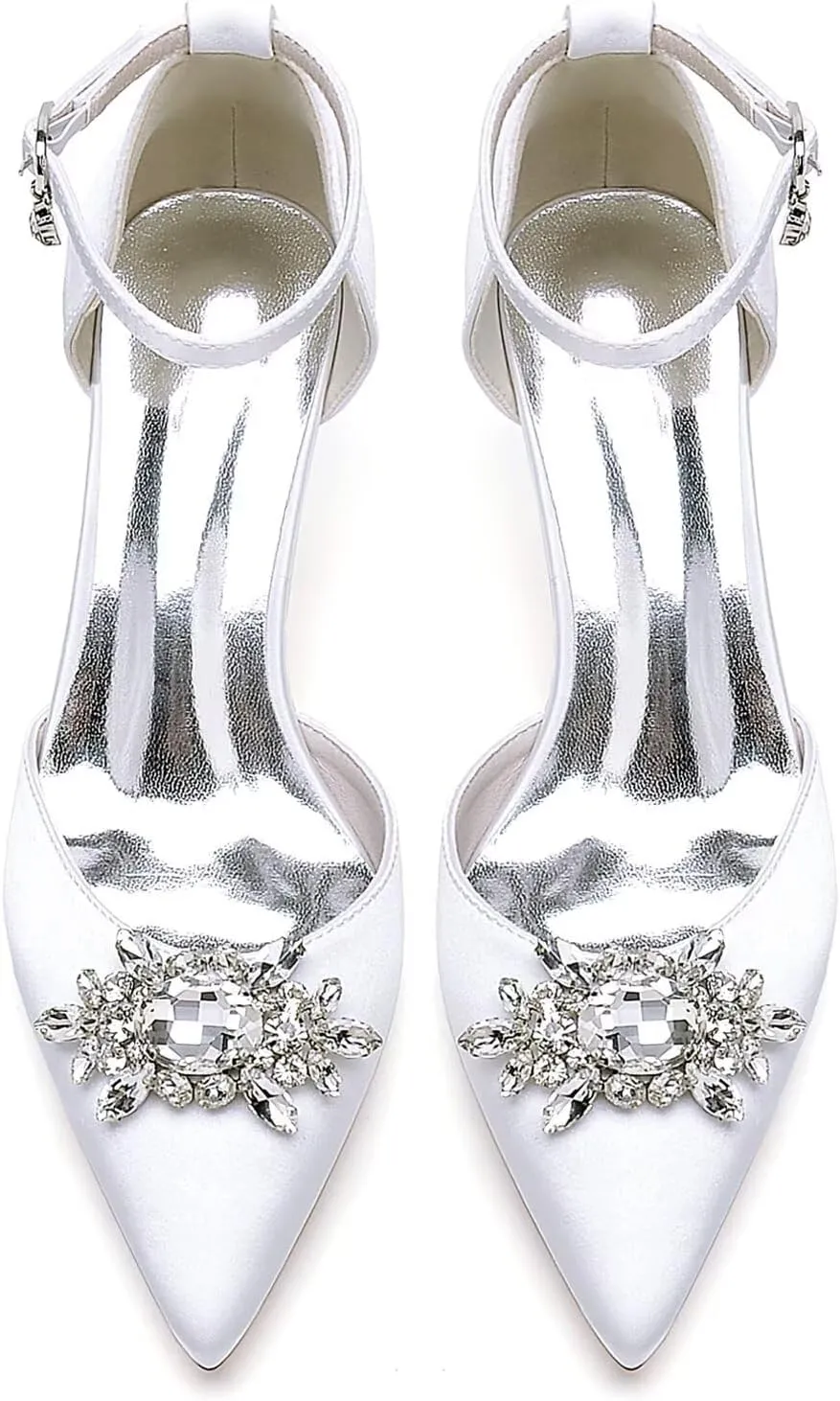 HNVAVQ Women's Satin Court Shoes Mid Heel Pointed Toe Bridal Pumps Ankle Strap Sparkly Rhinestone Elegant Dress Shoes for Wedding,Bride,Bridesmaid,Party