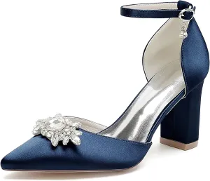 HNVAVQ Women's Satin Court Shoes Mid Heel Pointed Toe Bridal Pumps Ankle Strap Sparkly Rhinestone Elegant Dress Shoes for Wedding,Bride,Bridesmaid,Party