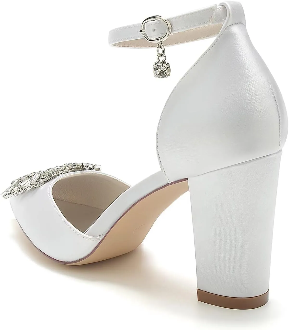 HNVAVQ Women's Satin Court Shoes Mid Heel Pointed Toe Bridal Pumps Ankle Strap Sparkly Rhinestone Elegant Dress Shoes for Wedding,Bride,Bridesmaid,Party