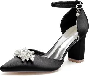 HNVAVQ Women's Satin Court Shoes Mid Heel Pointed Toe Bridal Pumps Ankle Strap Sparkly Rhinestone Elegant Dress Shoes for Wedding,Bride,Bridesmaid,Party