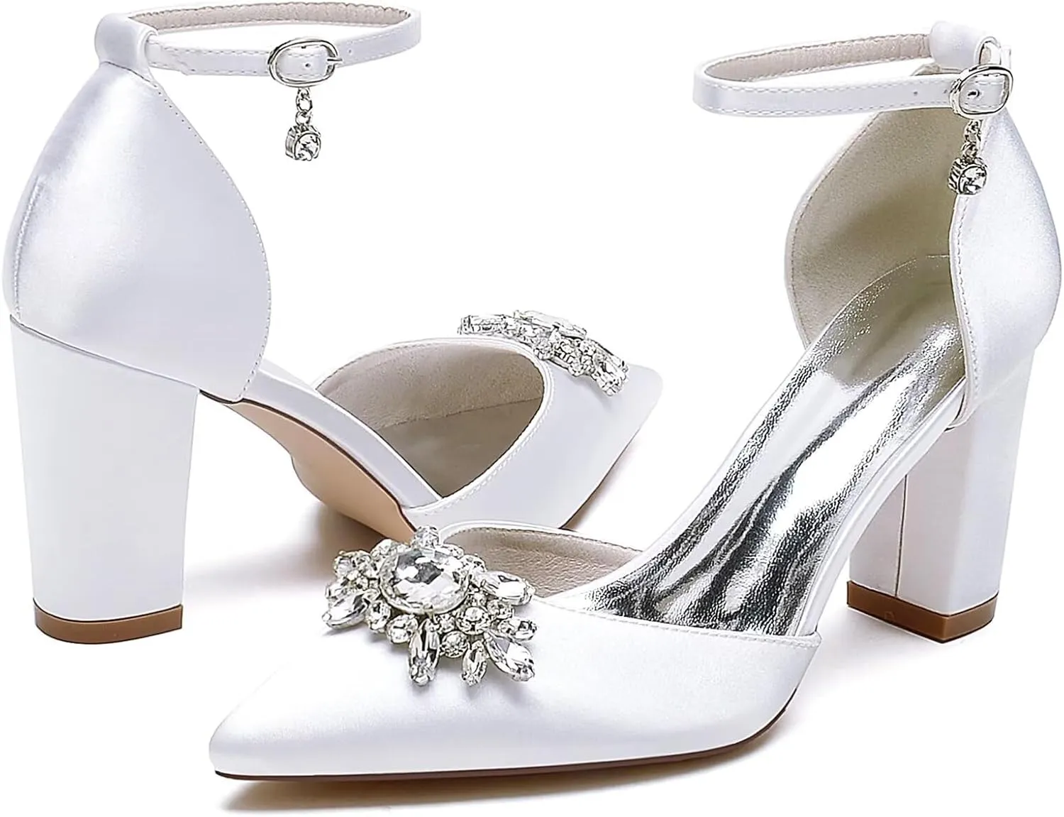 HNVAVQ Women's Satin Court Shoes Mid Heel Pointed Toe Bridal Pumps Ankle Strap Sparkly Rhinestone Elegant Dress Shoes for Wedding,Bride,Bridesmaid,Party