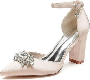 HNVAVQ Women's Satin Court Shoes Mid Heel Pointed Toe Bridal Pumps Ankle Strap Sparkly Rhinestone Elegant Dress Shoes for Wedding,Bride,Bridesmaid,Party