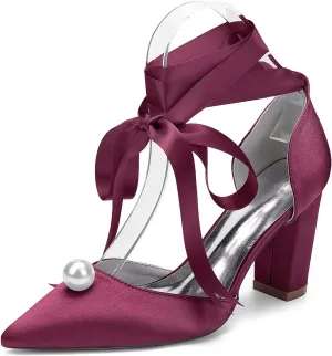 HNVAVQ Womens Wedding Bridal Shoes Chunky Block Heels Court Shoes Ladies Pointed Toe Office Work Mid Heel Pumps for Women