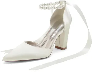 HNVAVQ Women's Wedding Shoes Satin Pumps Chunky Block Heel Pointed Toe Bridal Heels Bridesmaid Elegant Court Shoes for Wedding,Party