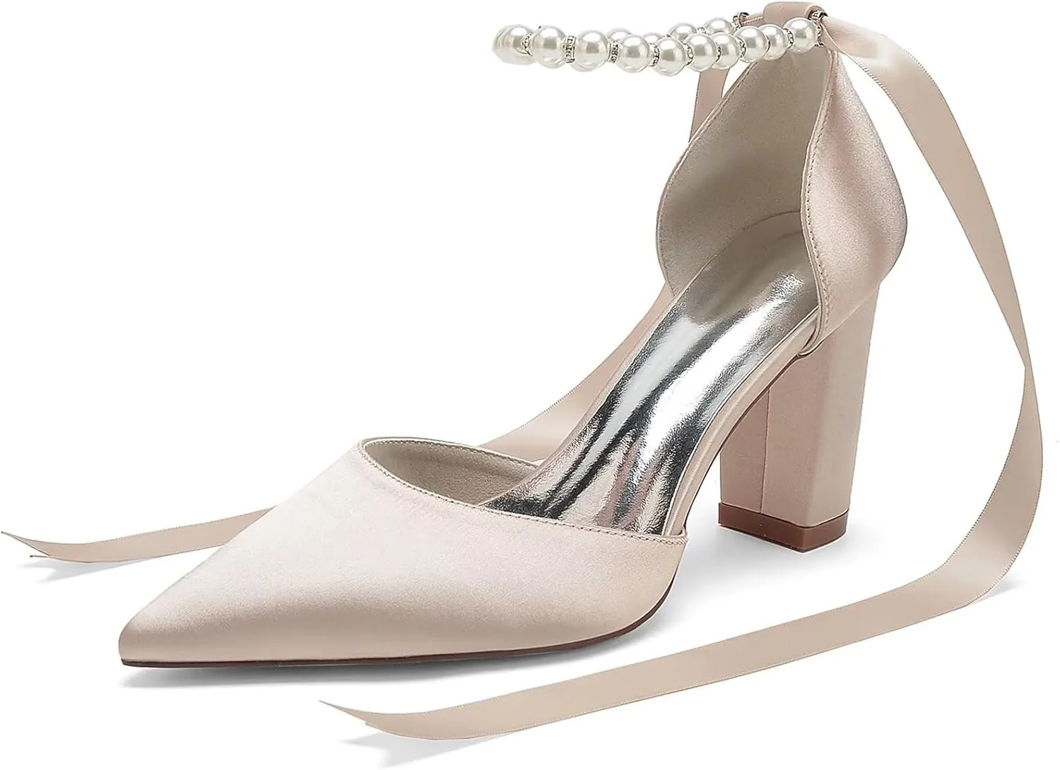 HNVAVQ Women's Wedding Shoes Satin Pumps Chunky Block Heel Pointed Toe Bridal Heels Bridesmaid Elegant Court Shoes for Wedding,Party