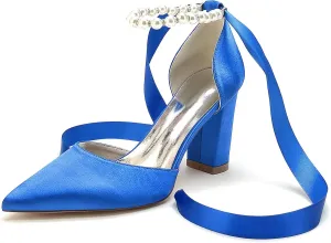 HNVAVQ Women's Wedding Shoes Satin Pumps Chunky Block Heel Pointed Toe Bridal Heels Bridesmaid Elegant Court Shoes for Wedding,Party