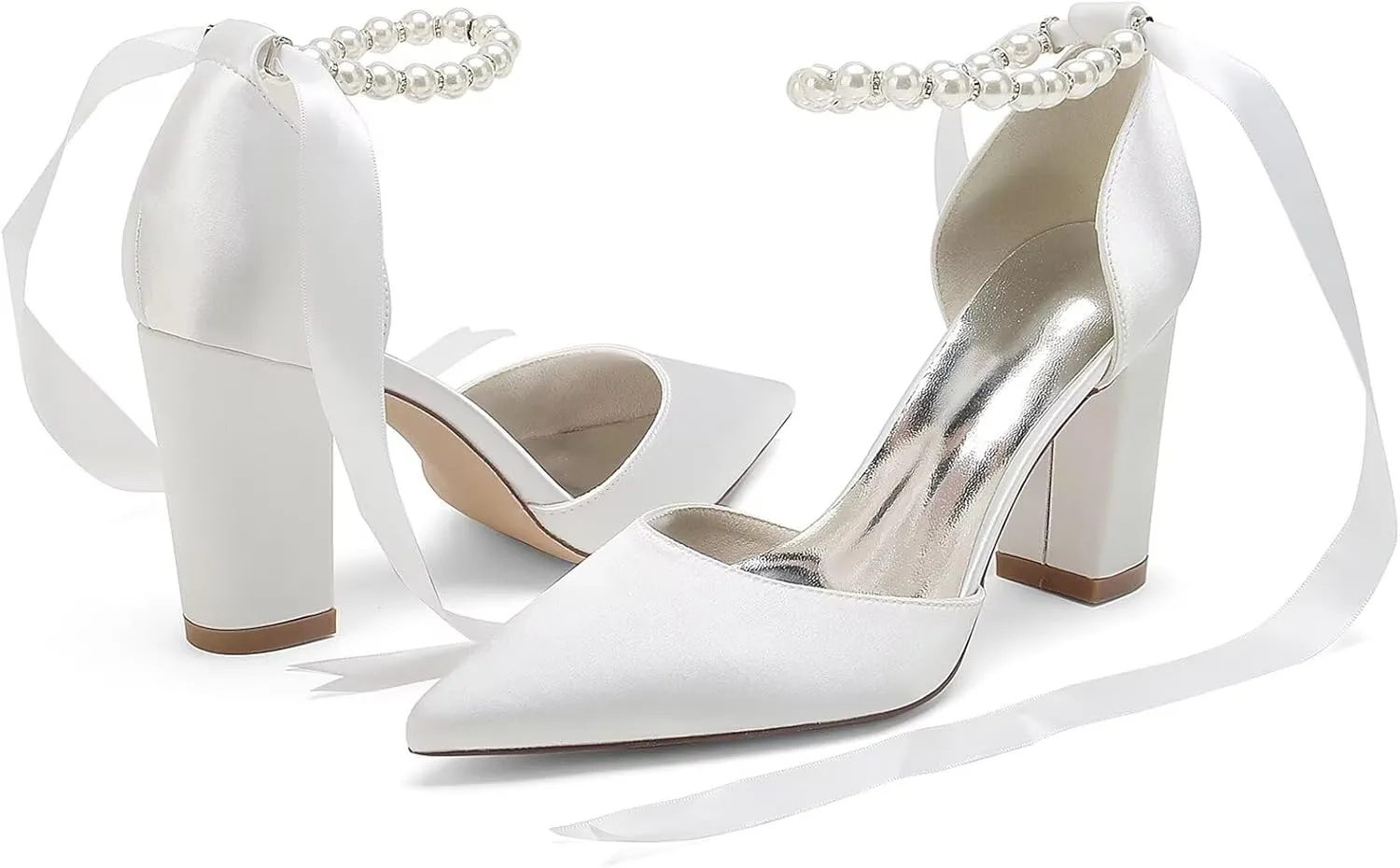 HNVAVQ Women's Wedding Shoes Satin Pumps Chunky Block Heel Pointed Toe Bridal Heels Bridesmaid Elegant Court Shoes for Wedding,Party