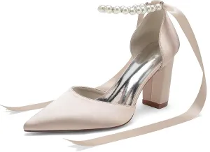 HNVAVQ Women's Wedding Shoes Satin Pumps Chunky Block Heel Pointed Toe Bridal Heels Bridesmaid Elegant Court Shoes for Wedding,Party