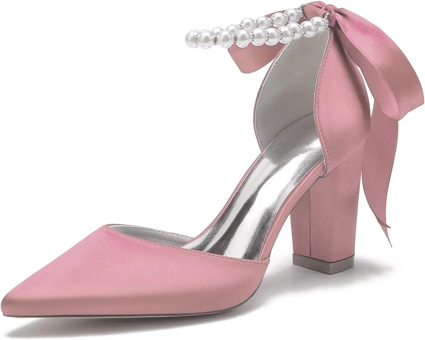 HNVAVQ Women's Wedding Shoes Satin Pumps Chunky Block Heel Pointed Toe Bridal Heels Bridesmaid Elegant Court Shoes for Wedding,Party