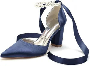 HNVAVQ Women's Wedding Shoes Satin Pumps Chunky Block Heel Pointed Toe Bridal Heels Bridesmaid Elegant Court Shoes for Wedding,Party