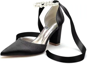 HNVAVQ Women's Wedding Shoes Satin Pumps Chunky Block Heel Pointed Toe Bridal Heels Bridesmaid Elegant Court Shoes for Wedding,Party
