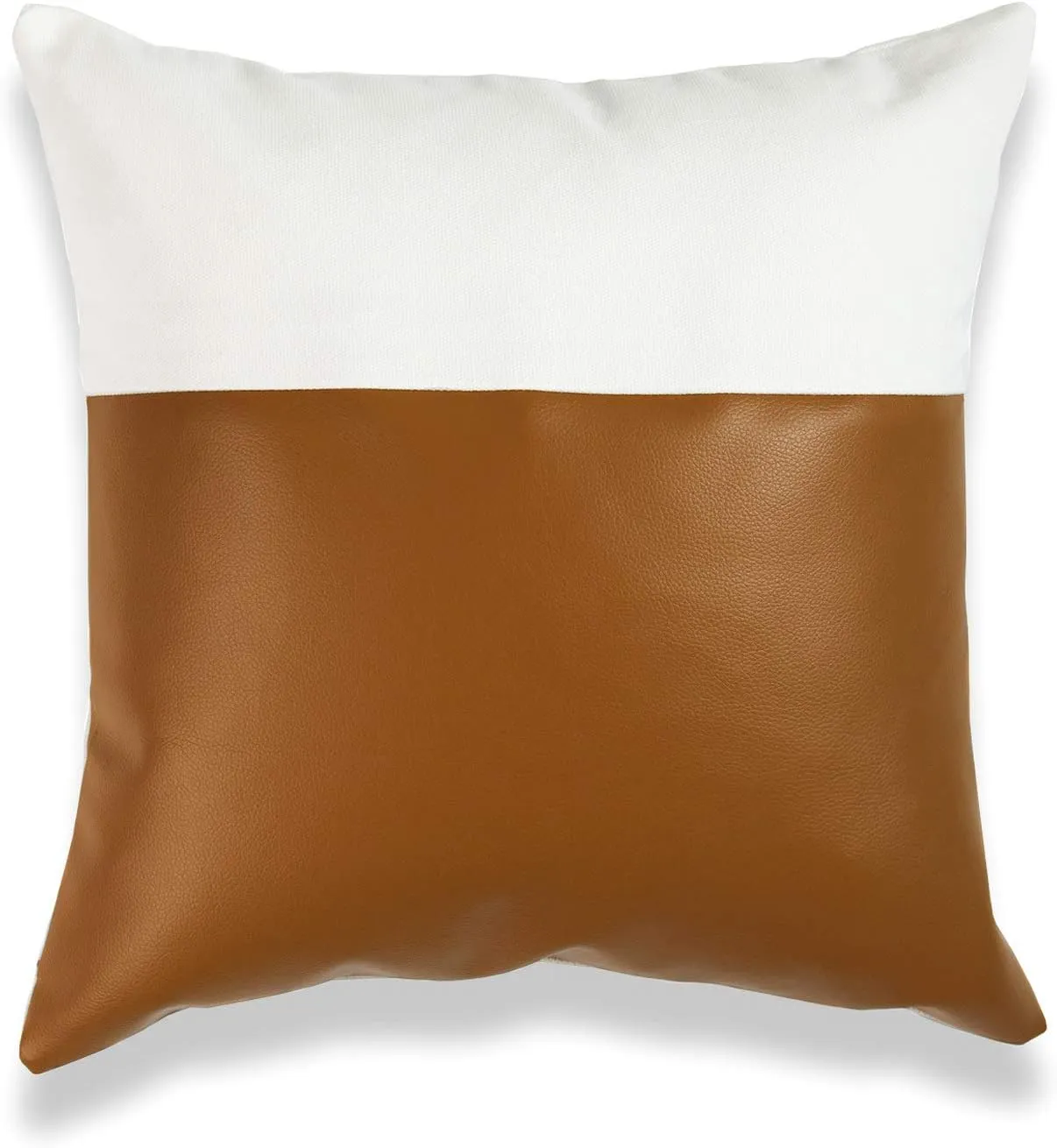 Hofdeco Faux Leather and 100% Cotton Pillow Cover Only, Camel White Modern Design, 18"x18"