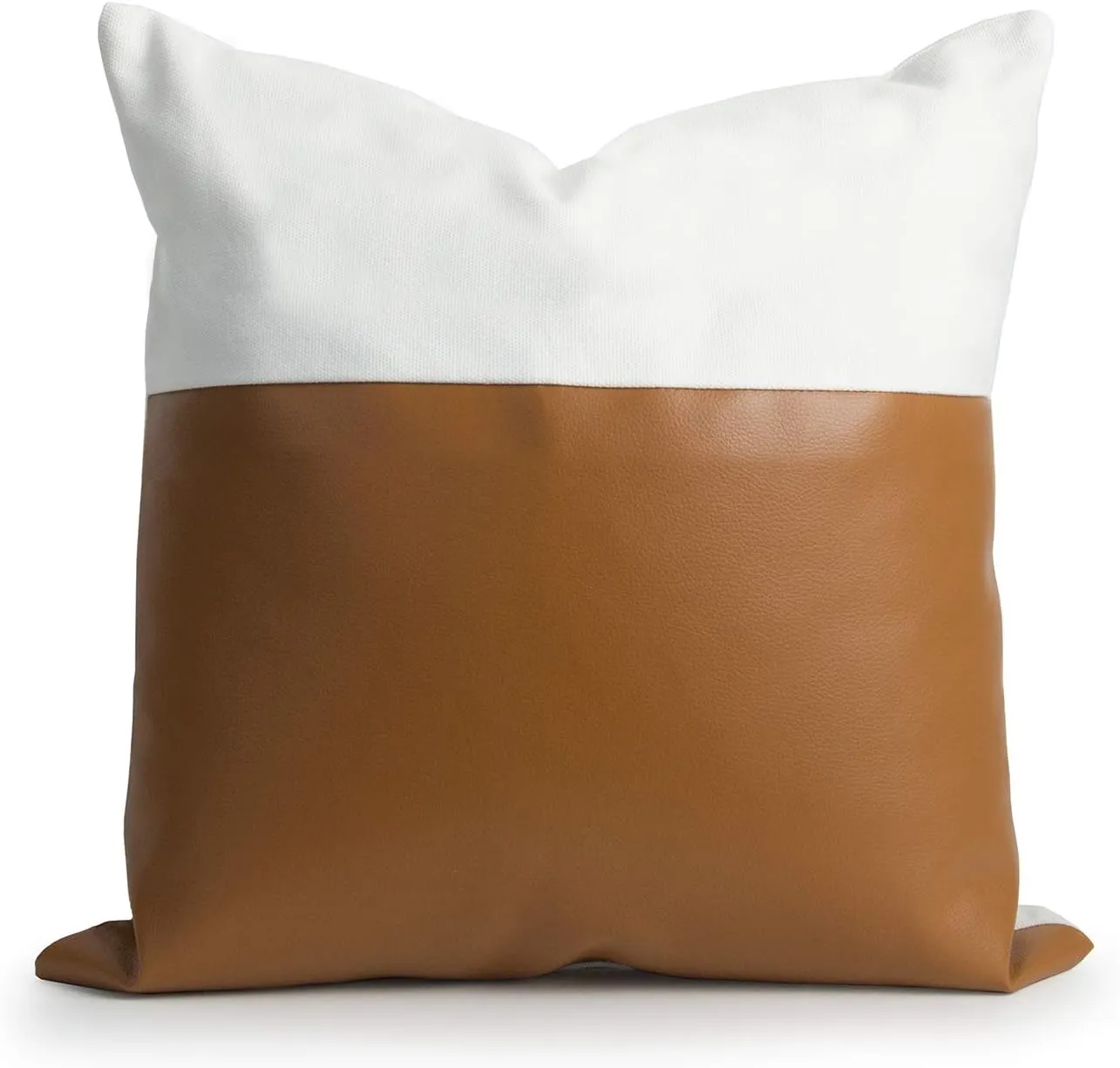 Hofdeco Faux Leather and 100% Cotton Pillow Cover Only, Camel White Modern Design, 18"x18"