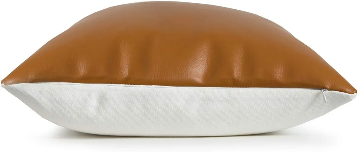 Hofdeco Faux Leather and 100% Cotton Pillow Cover Only, Camel White Modern Design, 18"x18"