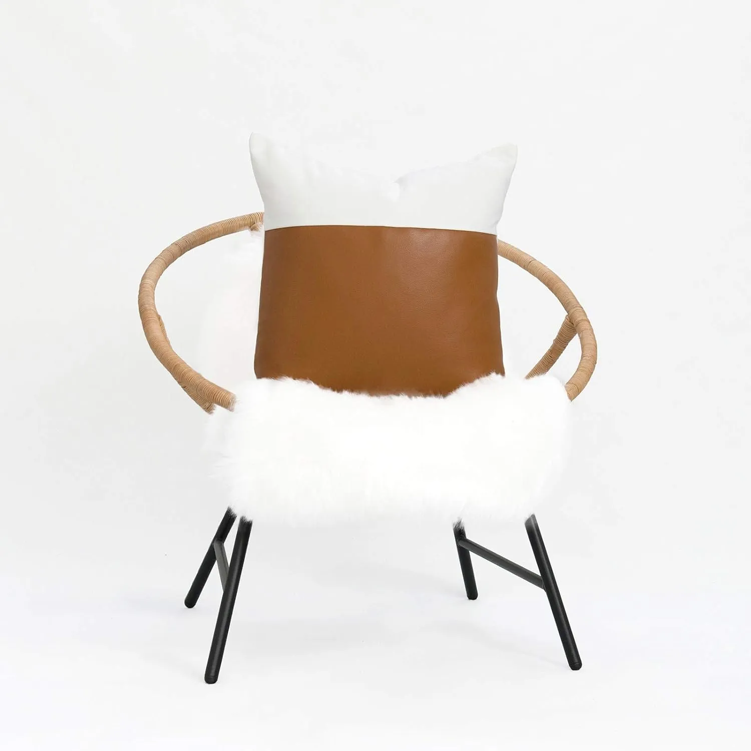 Hofdeco Faux Leather and 100% Cotton Pillow Cover Only, Camel White Modern Design, 18"x18"