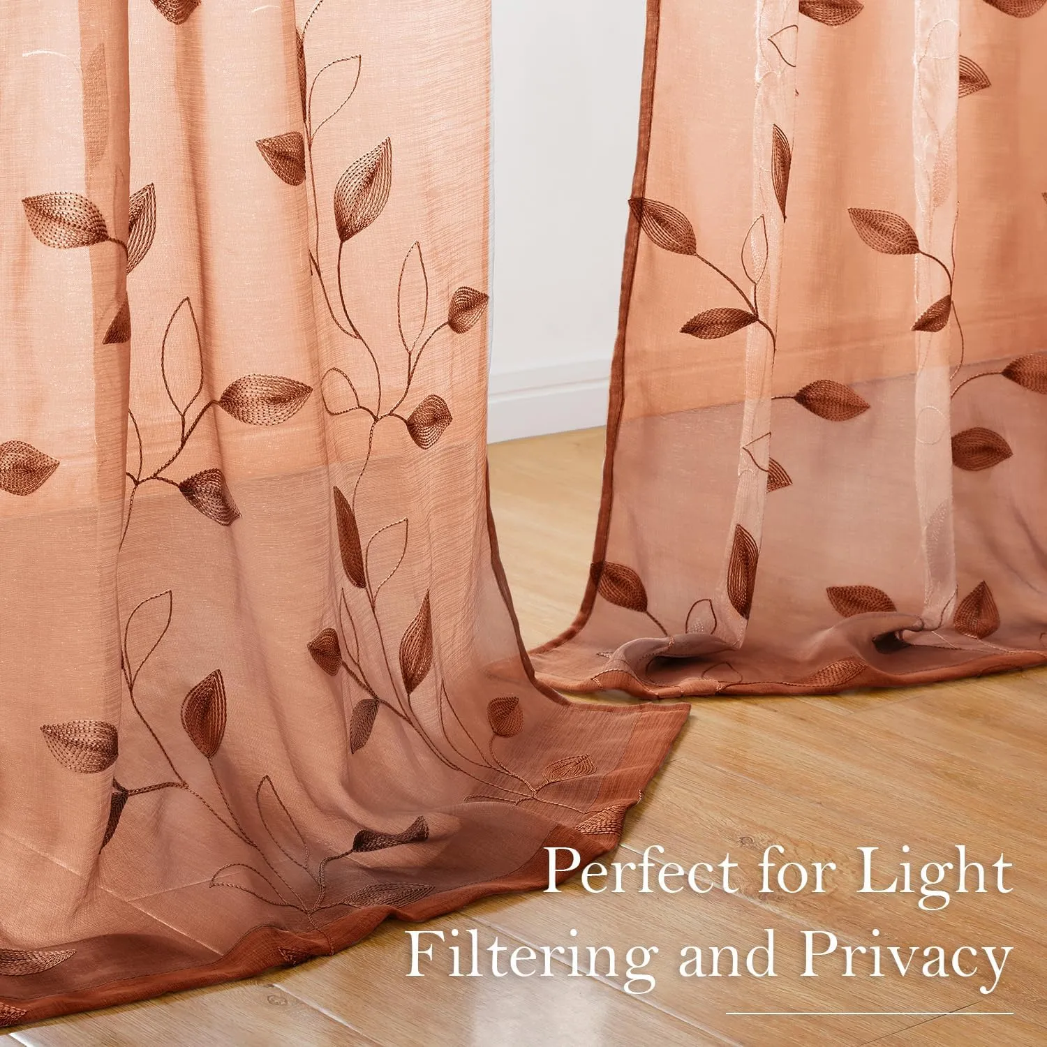 HOMEIDEAS Burnt Orange Sheer Curtains 84 Inches Long 2 Panels Embroidered Floral Pattern Semi Sheer Window Curtains for Bedroom Living Room