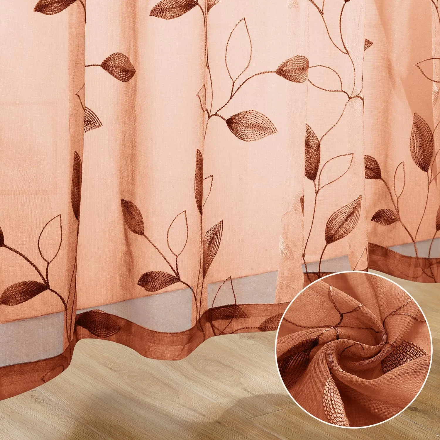 HOMEIDEAS Burnt Orange Sheer Curtains 84 Inches Long 2 Panels Embroidered Floral Pattern Semi Sheer Window Curtains for Bedroom Living Room