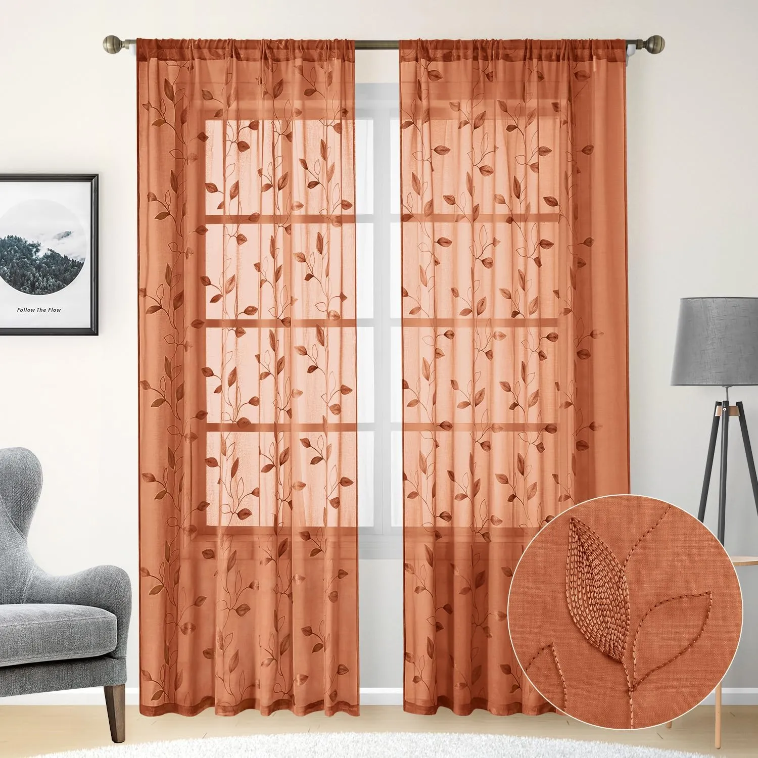 HOMEIDEAS Burnt Orange Sheer Curtains 84 Inches Long 2 Panels Embroidered Floral Pattern Semi Sheer Window Curtains for Bedroom Living Room