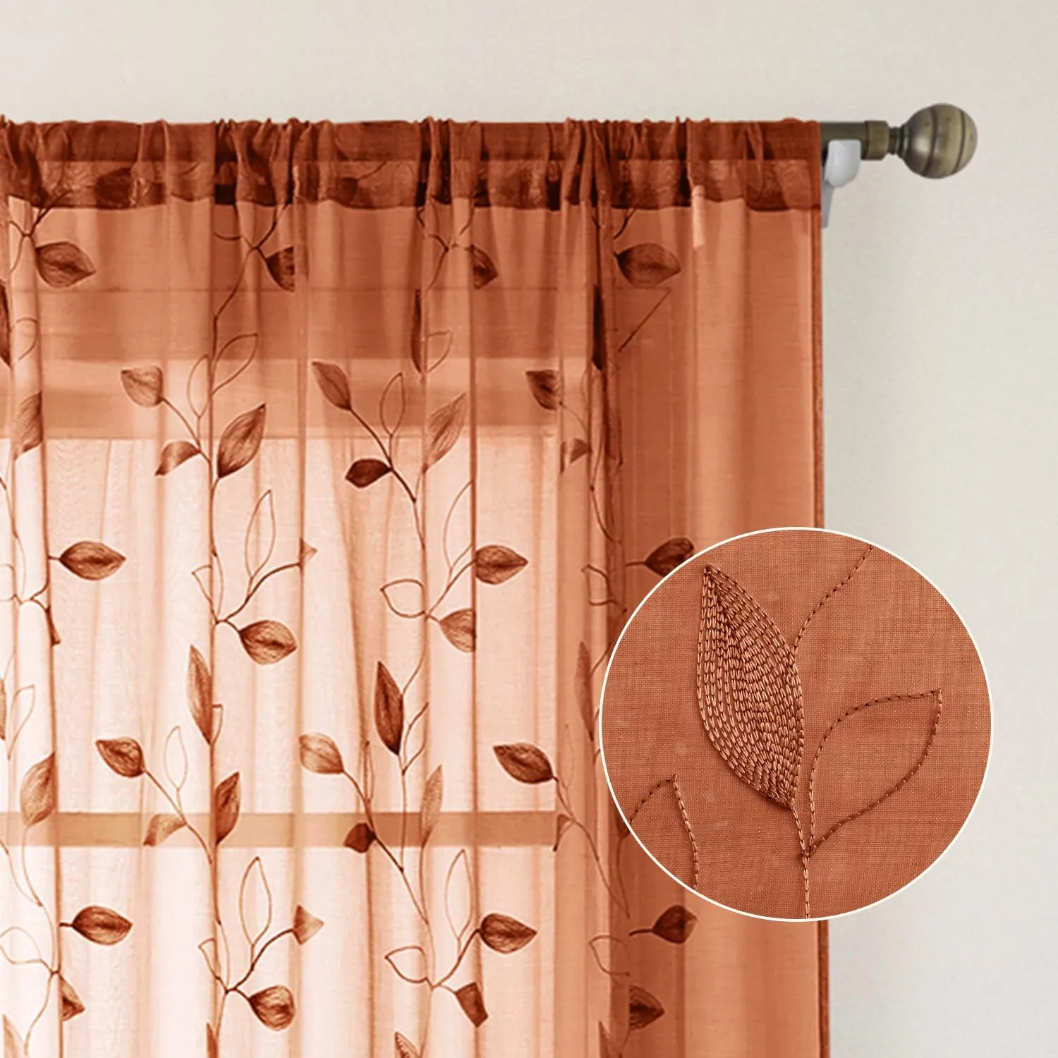 HOMEIDEAS Burnt Orange Sheer Curtains 84 Inches Long 2 Panels Embroidered Floral Pattern Semi Sheer Window Curtains for Bedroom Living Room