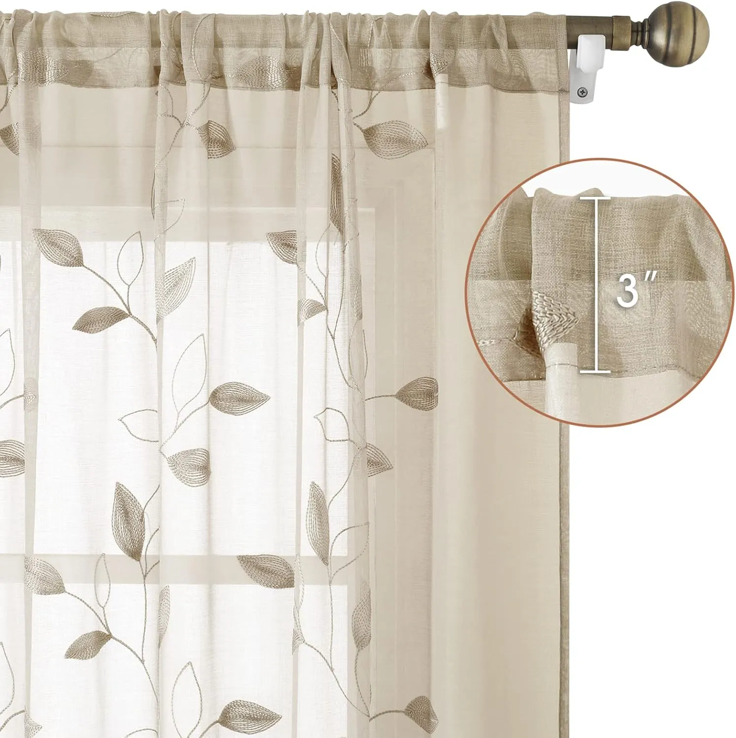 HOMEIDEAS Taupe Sheer Curtains 52 X 84 Inches Long 2 Panels Beige Embroidered Leaf Pattern Pocket Faux Linen Floral Semi Sheer Voile Window Curtains/Drapes for Bedroom Living Room