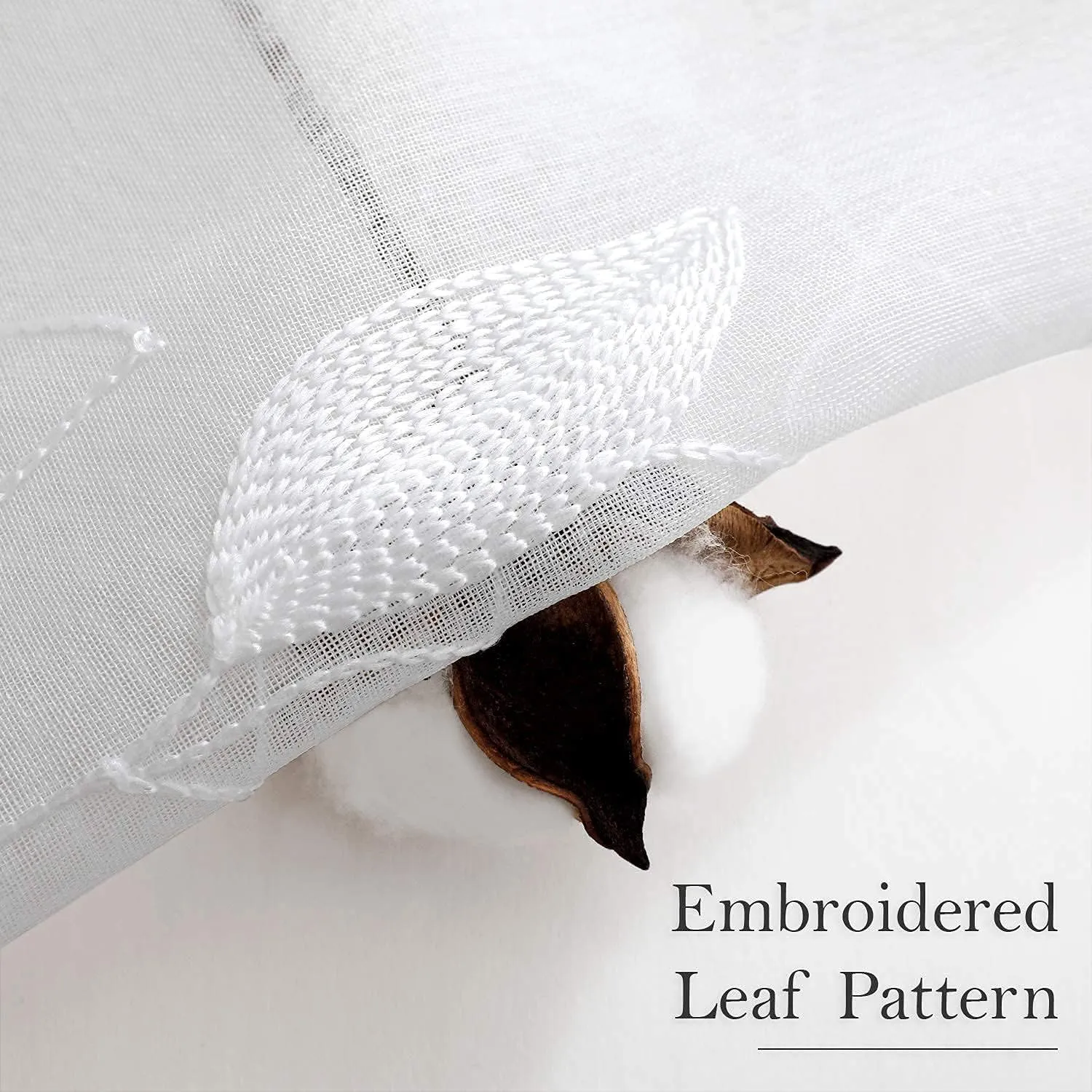 HOMEIDEAS White Sheer Curtains 52 X 84 Inches Long 2 Panels Embroidered Leaf Pattern Pocket Faux Linen Floral Semi Sheer Voile Window Curtains/Drapes for Bedroom Living Room