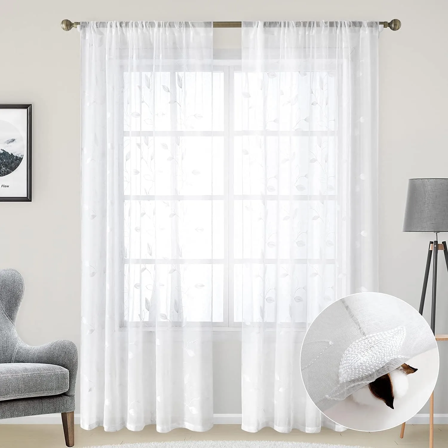 HOMEIDEAS White Sheer Curtains 52 X 84 Inches Long 2 Panels Embroidered Leaf Pattern Pocket Faux Linen Floral Semi Sheer Voile Window Curtains/Drapes for Bedroom Living Room