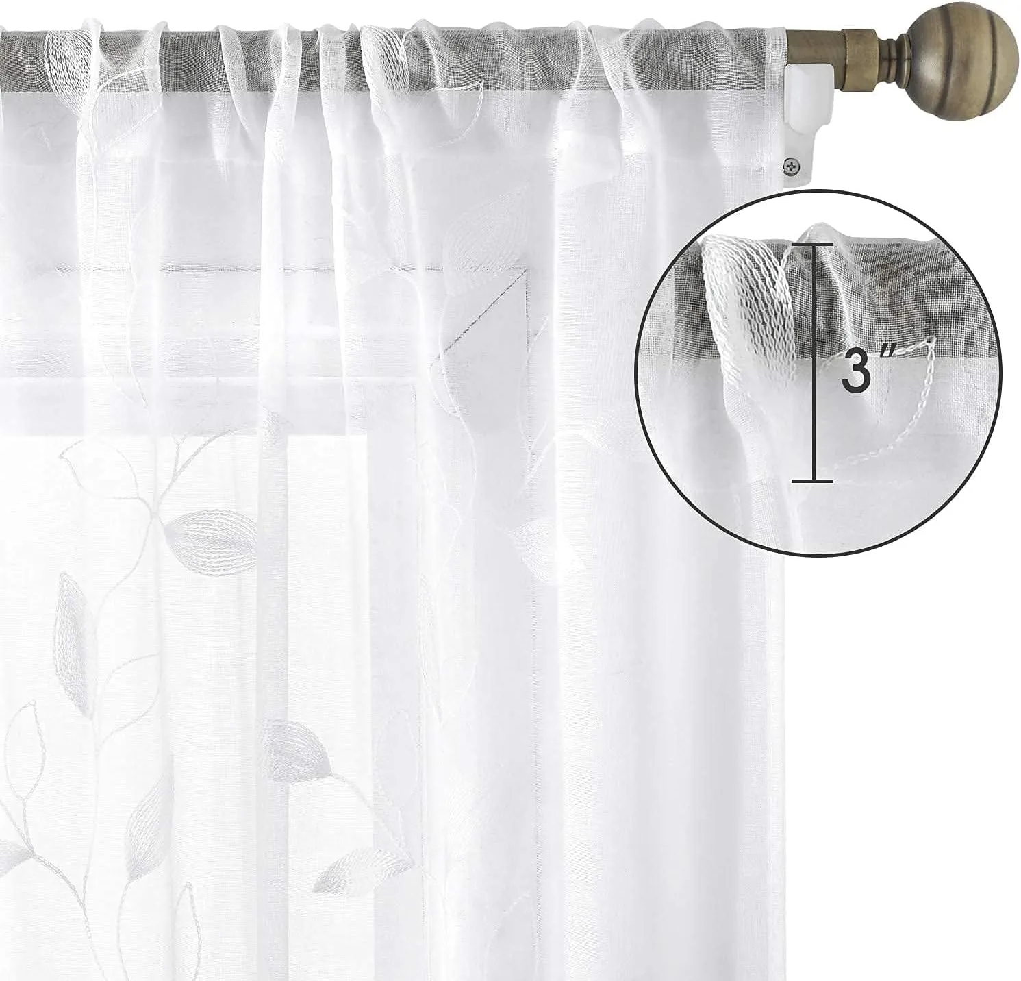 HOMEIDEAS White Sheer Curtains 52 X 84 Inches Long 2 Panels Embroidered Leaf Pattern Pocket Faux Linen Floral Semi Sheer Voile Window Curtains/Drapes for Bedroom Living Room