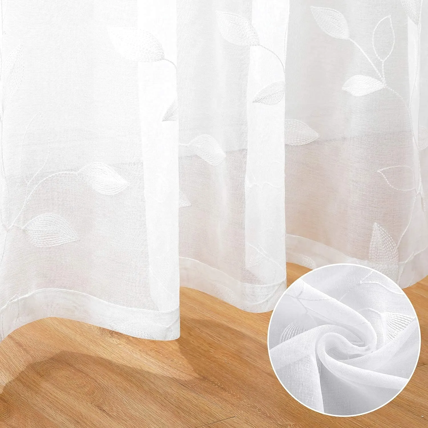 HOMEIDEAS White Sheer Curtains 52 X 84 Inches Long 2 Panels Embroidered Leaf Pattern Pocket Faux Linen Floral Semi Sheer Voile Window Curtains/Drapes for Bedroom Living Room