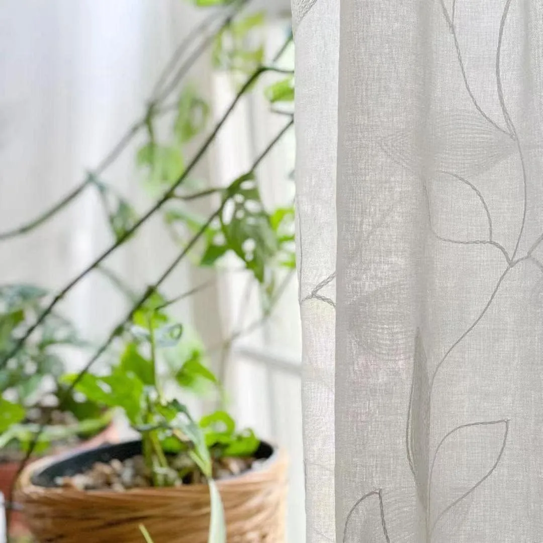 HOMEIDEAS White Sheer Curtains 52 X 84 Inches Long 2 Panels Embroidered Leaf Pattern Pocket Faux Linen Floral Semi Sheer Voile Window Curtains/Drapes for Bedroom Living Room